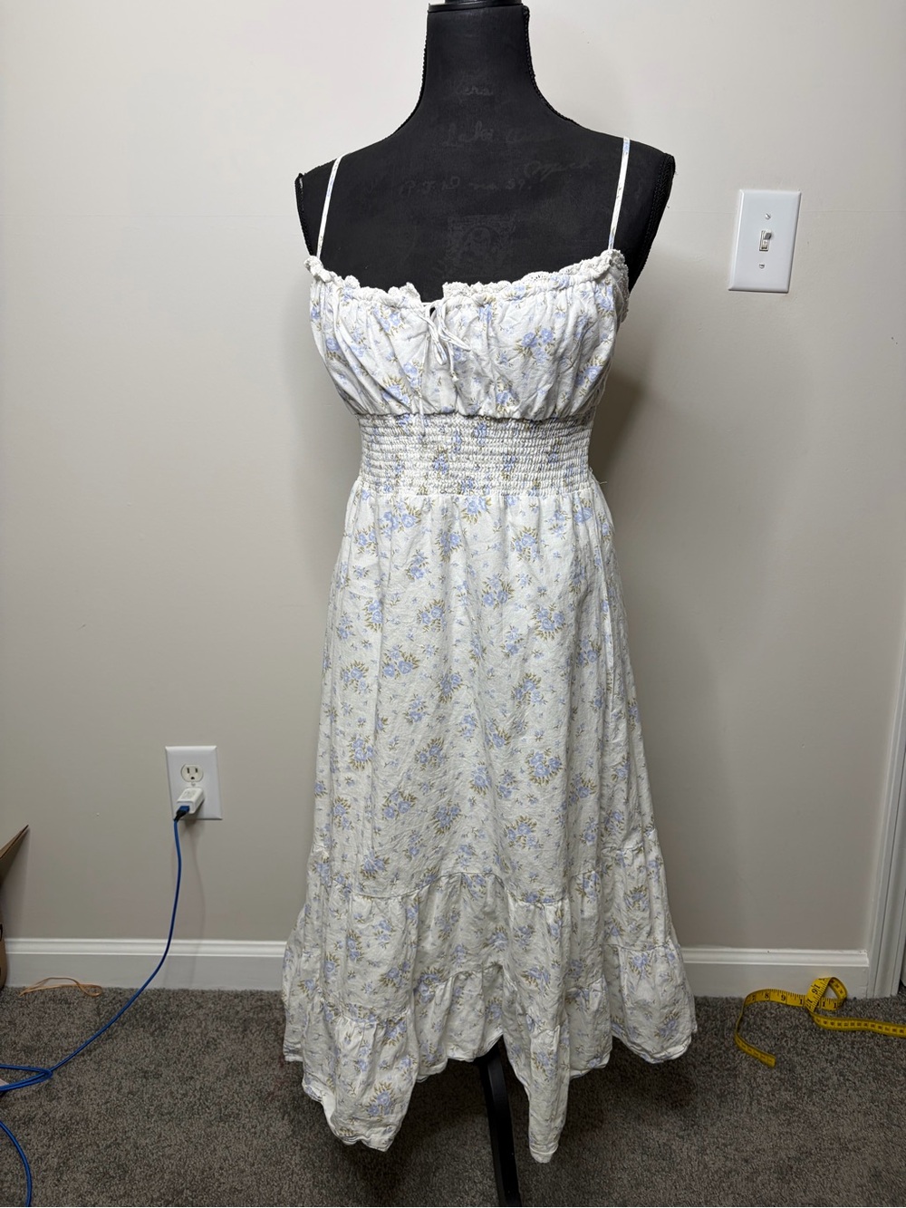 Smocked Floral Midi Dress in White and Light Blue ruffle, tied top